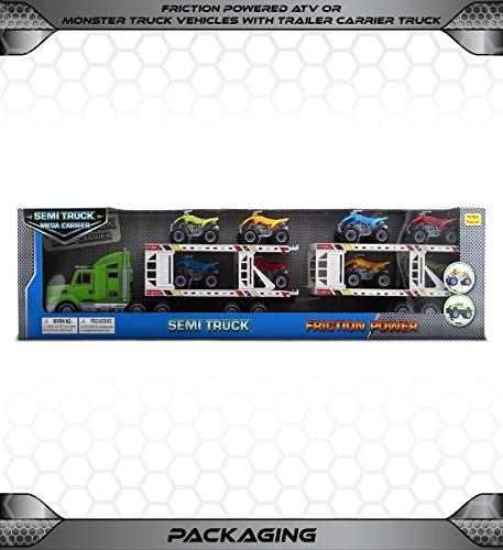 Mozlly Friction Powered ATV or Monster Truck Vehicles with Trailer Carrier Truck Playset, Superior Stunt Machine Cars Pretend Play Ideal Gift for Kids, Styles May Vary by Mozlly