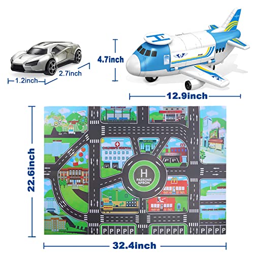 Airplane Toy with Car Toy Helicopter Set, Take Apart Toy for Play Set Boy Toddler Cargo Transport Airplane Gift Age 3 4 5 6 8 Years Old, 5 Mini Vehicles 1 Large Plane 1 Large Play Mat 21 Road Signs by TSOMTTO