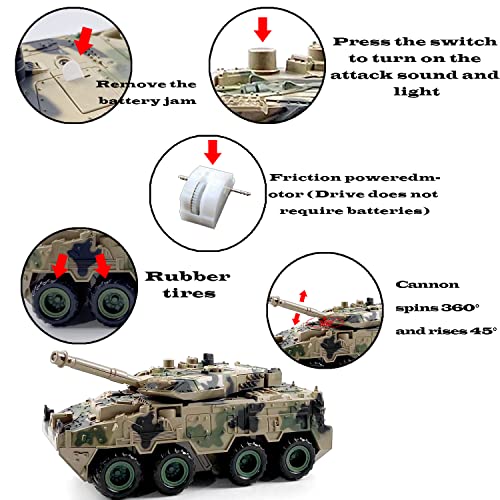 BLCshine Military Tank Battle Truck Toy Push and Go with Lights and Sounds Durable Quality Pivoting Top Friction Power Kids Armored Vehicle Play Army Car Great Gift for Children Boys Girls Camouflage by BLCshine