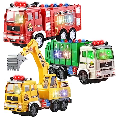 JOYIN 3-in-1 Toy Trucks, Automatic Bump & Go Toy Fire Truck, Garbage Truck, Play Excavator with 4D Lights and Music, Vehicle Toys Gifts for Kids Boys and Girls 2-8 Years Old from JOYIN INC
