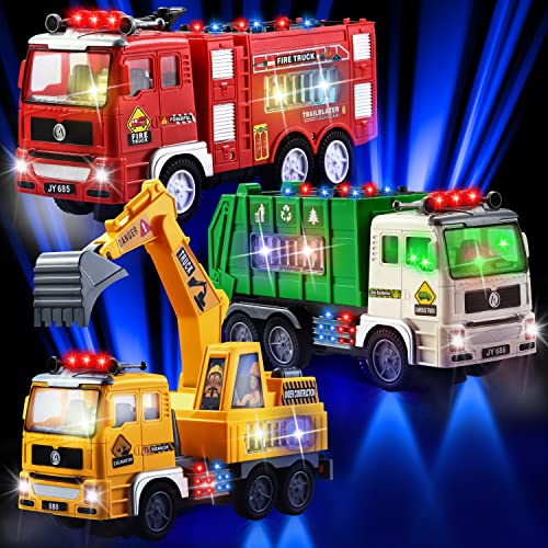 JOYIN 3-in-1 Toy Trucks, Automatic Bump & Go Toy Fire Truck, Garbage Truck, Play Excavator with 4D Lights and Music, Vehicle Toys Gifts for Kids Boys and Girls 2-8 Years Old from JOYIN INC