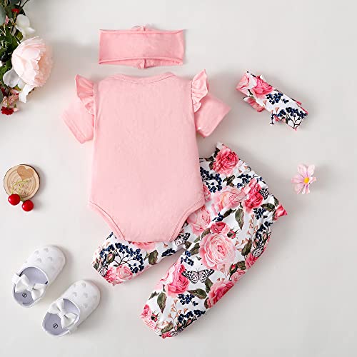 Newborn Baby Girl Clothes Ruffle Short Sleeve Romper Onesis Baby Girlsâ Clothing Floral Cotton Pant Sets 0-3 Months Girl Outfits Pink from 