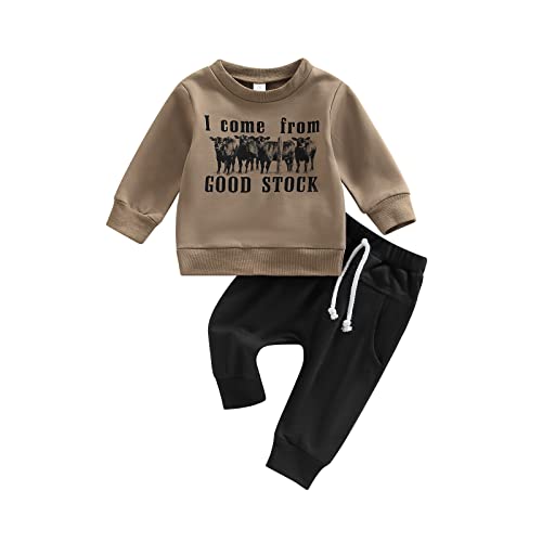 Lamuusaa Western Baby Boy Clothes Cow Print Crewneck Pullover Sweatshirt Drawstring Jogger Pants 2Pcs Fall Winter Outfit (Coffee, 6-12 Months) from Lamuusaa