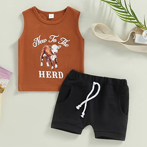 AEEMCEM Western Baby Boy Summer Clothes Cow Sleeveless Tank Top Vest Shorts Set Cute Cowboy Outfit (A-Caramel, 12-18 Months) by AEEMCEM