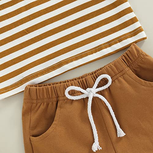 Baby Boys Summer Outfits Set Short Sleeve Striped T-Shirt Tops + Solid Color Short Pants 6 12 18 24 Months 2T 3T (A-Brown, 6-12 Months) from VISGOGO