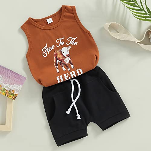 AEEMCEM Western Baby Boy Summer Clothes Cow Sleeveless Tank Top Vest Shorts Set Cute Cowboy Outfit (A-Caramel, 12-18 Months) by AEEMCEM