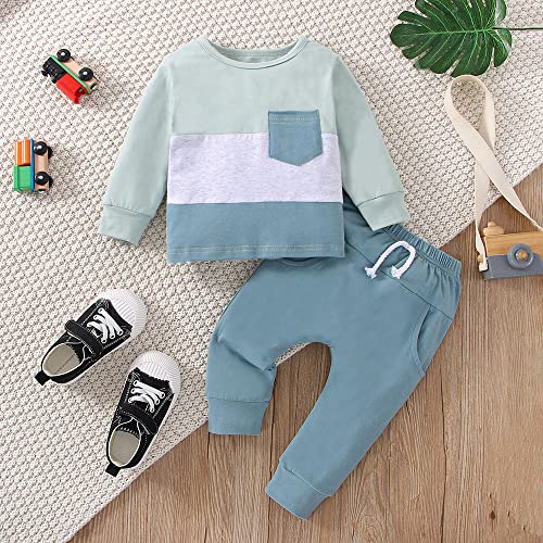 0-5T Newborn Baby Boy Clothes Color Block Pullover Sweatshirt Top Elastic Waist Pockets 2Pcs Warm Fall Winter Outfit (Long Sleeve Blue, 12-18 Months) by TheFound