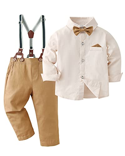 DISAUR Baby Boy Clothes Suits, Toddler Dress Shirt With Bowtie + Suspender Pants Outfit Sets Gentleman Wedding 1-5 Years(Beige,4-5T) by 