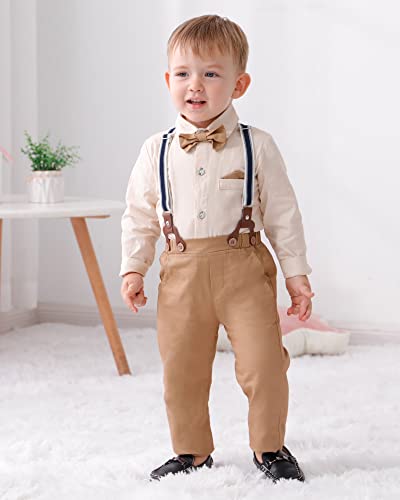 DISAUR Baby Boy Clothes Suits, Toddler Dress Shirt With Bowtie + Suspender Pants Outfit Sets Gentleman Wedding 1-5 Years(Beige,4-5T) by 