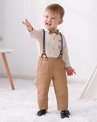 DISAUR Baby Boy Clothes Suits, Toddler Dress Shirt With Bowtie + Suspender Pants Outfit Sets Gentleman Wedding 1-5 Years(Beige,4-5T) by 