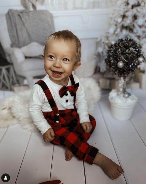 Baby Boy Christmas Outfits Infant Gentleman Clothes Dress Suit Sweatshirt Top with Bowtie + Suspender Pants 3-18M (Red, 12-18 Months) by fhutpw
