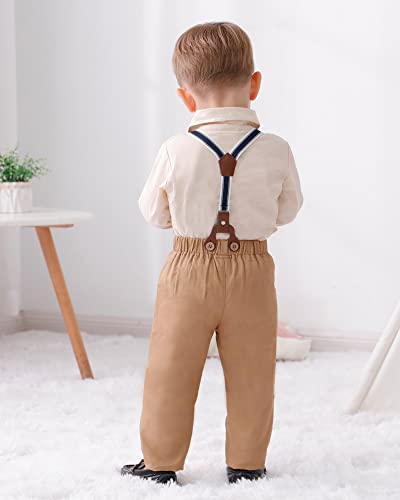 DISAUR Baby Boy Clothes Suits, Toddler Dress Shirt With Bowtie + Suspender Pants Outfit Sets Gentleman Wedding 1-5 Years(Beige,4-5T) by 