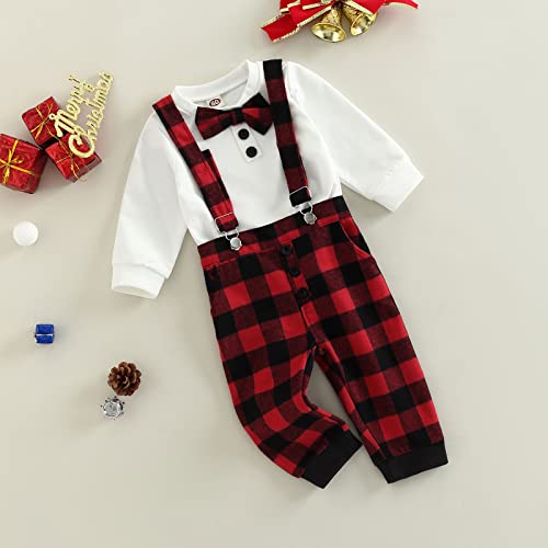 Baby Boy Christmas Outfits Infant Gentleman Clothes Dress Suit Sweatshirt Top with Bowtie + Suspender Pants 3-18M (Red, 12-18 Months) by fhutpw