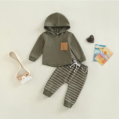 Baby Boys Clothes 3 6 9 12 18 24M 3T Pants Set Hooded Patchwork Hoodie Striped Sweatpants Fall Winter Outfit (Army Green, 18-24 Months) by MA&BABY