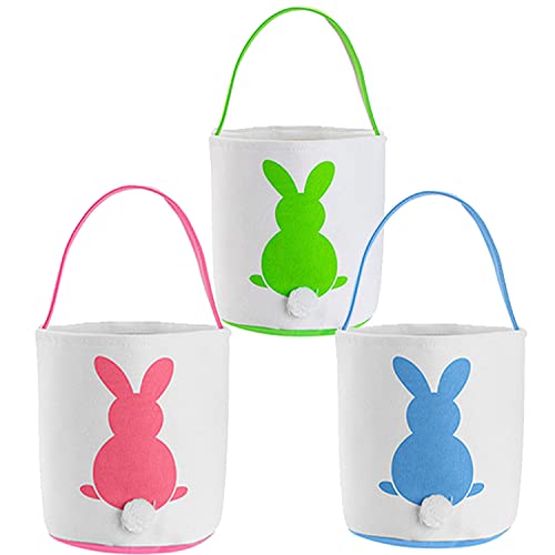 3 Pack Easter Bunny Basket Egg Bags for Kids,Easter Burlap Tote Egg Bags Gift Baskets,Easter Egg Hunt Basket with Handle,Canvas Fluffy Tails Rabbit Bags Buckets for Kids Easter Party Decoration by DIRUQSD