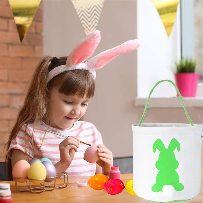 3 Pack Easter Bunny Basket Egg Bags for Kids,Easter Burlap Tote Egg Bags Gift Baskets,Easter Egg Hunt Basket with Handle,Canvas Fluffy Tails Rabbit Bags Buckets for Kids Easter Party Decoration by DIRUQSD
