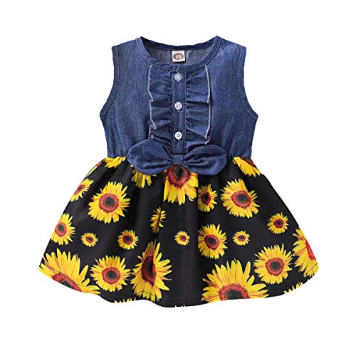Kucnuzki 12 Month Girl Clothes Toddler Girl Princess Dresses Short Sleeve Girls Denim Skirt Baby Summer Swing Dress Outfits 12-18 Months(Flower+Black) from Kucnuzki