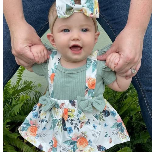 Preemie Newborn Baby Girl Clothes Infant Ribbed Cotton Romper Bodysuit Floral Bowknot Suspender Dress 3PCS Clothing Set Premie Spring Summer Outfits Ruffle Short Sleeve Jumpsuit Mint Green Short Set from 