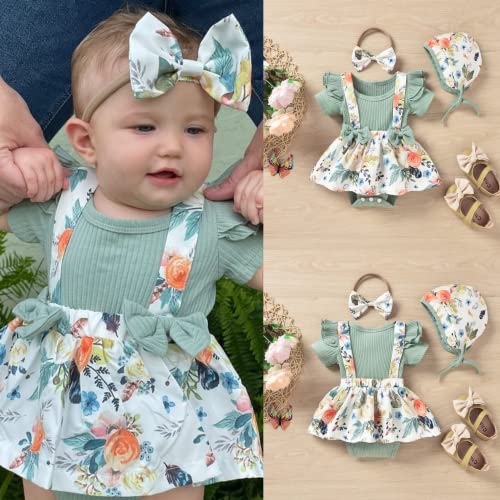 Preemie Newborn Baby Girl Clothes Infant Ribbed Cotton Romper Bodysuit Floral Bowknot Suspender Dress 3PCS Clothing Set Premie Spring Summer Outfits Ruffle Short Sleeve Jumpsuit Mint Green Short Set from 