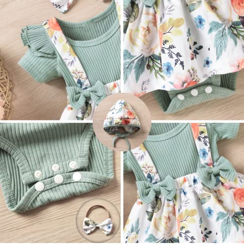 Preemie Newborn Baby Girl Clothes Infant Ribbed Cotton Romper Bodysuit Floral Bowknot Suspender Dress 3PCS Clothing Set Premie Spring Summer Outfits Ruffle Short Sleeve Jumpsuit Mint Green Short Set from 