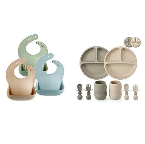 PandaEar Set of 3 Cute Silicone Baby Bibs & Silicone Baby Feeding Set by 