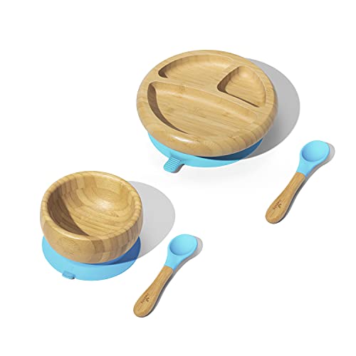 Avanchy Bamboo Baby Plate, Bowl & Spoons Set - Baby Cutlery - Bamboo Kids Bowl - BPA Free Bowl - Bamboo Kids Utensils - Bamboo Kids Bowl (Blue) from Avanchy