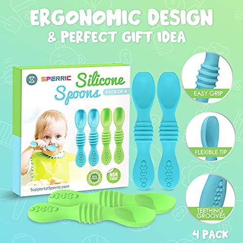 Silicone Baby Spoons for Baby Led Weaning 4-Pack, First Stage Baby Feeding Spoon Set Gum Friendly BPA Lead Phthalate and Plastic Free, Great Gift Set (Blue) from Sperric
