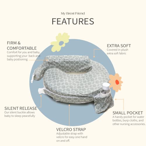 My Brest Friend Deluxe Nursing Pillow for Breastfeeding & Bottle Feeding, Enhanced Posture Support, Double Straps & Removable Extra Soft Slipcover, Flower Key Grey by Zenoff Products