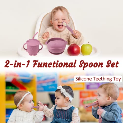 Silicone Baby Feeding Set, Baby Led Weaning Supplies with Suction Bowl Divided Plat, Baby Pre-Spoon and Fork, Adjustable Bib, Sippy Cup with Straw and Lid, Baby Utensils 6+Monthsï¼Pinkï¼ from Dongguan SHY Silicone Product Co.,LTD