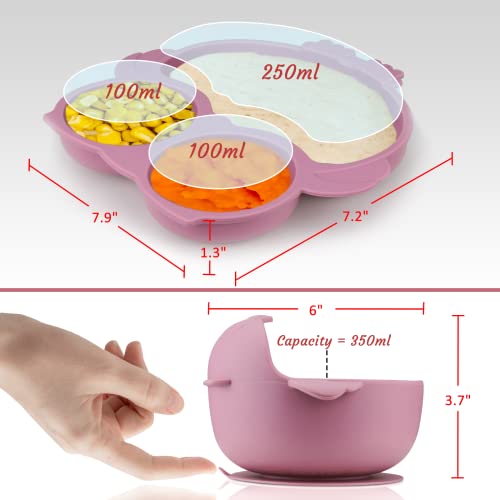 Silicone Baby Feeding Set, Baby Led Weaning Supplies with Suction Bowl Divided Plat, Baby Pre-Spoon and Fork, Adjustable Bib, Sippy Cup with Straw and Lid, Baby Utensils 6+Monthsï¼Pinkï¼ from Dongguan SHY Silicone Product Co.,LTD