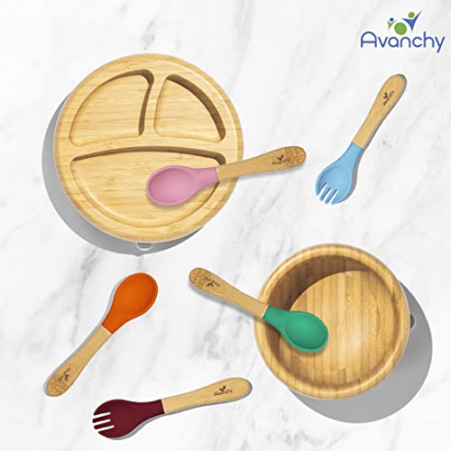 Avanchy Bamboo Baby Plate, Bowl & Spoons Set - Baby Cutlery - Bamboo Kids Bowl - BPA Free Bowl - Bamboo Kids Utensils - Bamboo Kids Bowl (Blue) from Avanchy