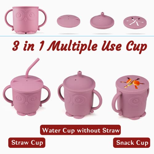 Silicone Baby Feeding Set, Baby Led Weaning Supplies with Suction Bowl Divided Plat, Baby Pre-Spoon and Fork, Adjustable Bib, Sippy Cup with Straw and Lid, Baby Utensils 6+Monthsï¼Pinkï¼ from Dongguan SHY Silicone Product Co.,LTD