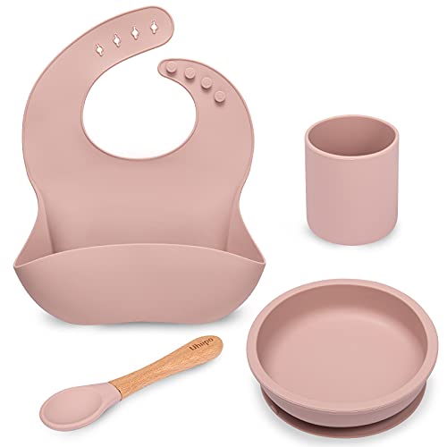 Baby Feeding Set, BPA free, Food Grade Silicone Dinner Plate and Cutlery Set, Learn To Eat on Your Own, Set Includes Suction Cup Bowl, Spoon, Bib and Cup (Pink) by hui zhou duo guan ke ji you xian gong si