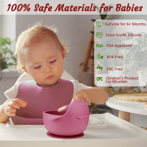 Silicone Baby Feeding Set, Baby Led Weaning Supplies with Suction Bowl Divided Plat, Baby Pre-Spoon and Fork, Adjustable Bib, Sippy Cup with Straw and Lid, Baby Utensils 6+Monthsï¼Pinkï¼ from Dongguan SHY Silicone Product Co.,LTD