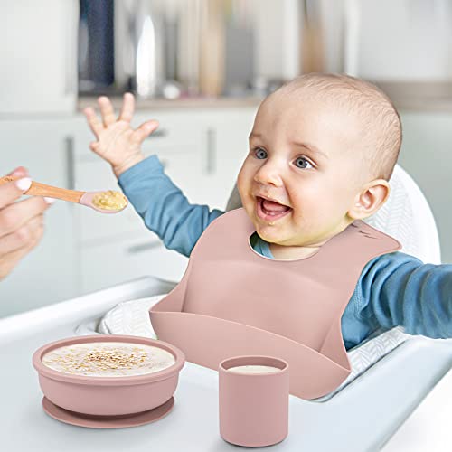Baby Feeding Set, BPA free, Food Grade Silicone Dinner Plate and Cutlery Set, Learn To Eat on Your Own, Set Includes Suction Cup Bowl, Spoon, Bib and Cup (Pink) by hui zhou duo guan ke ji you xian gong si