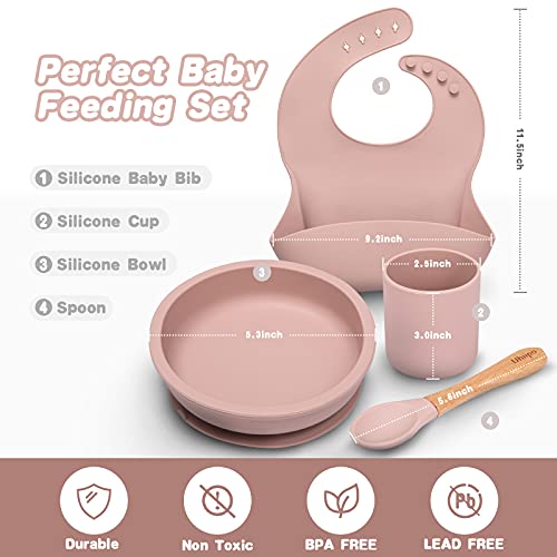 Baby Feeding Set, BPA free, Food Grade Silicone Dinner Plate and Cutlery Set, Learn To Eat on Your Own, Set Includes Suction Cup Bowl, Spoon, Bib and Cup (Pink) by hui zhou duo guan ke ji you xian gong si