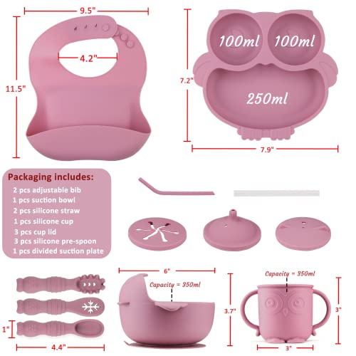 Silicone Baby Feeding Set, Baby Led Weaning Supplies with Suction Bowl Divided Plat, Baby Pre-Spoon and Fork, Adjustable Bib, Sippy Cup with Straw and Lid, Baby Utensils 6+Monthsï¼Pinkï¼ from Dongguan SHY Silicone Product Co.,LTD