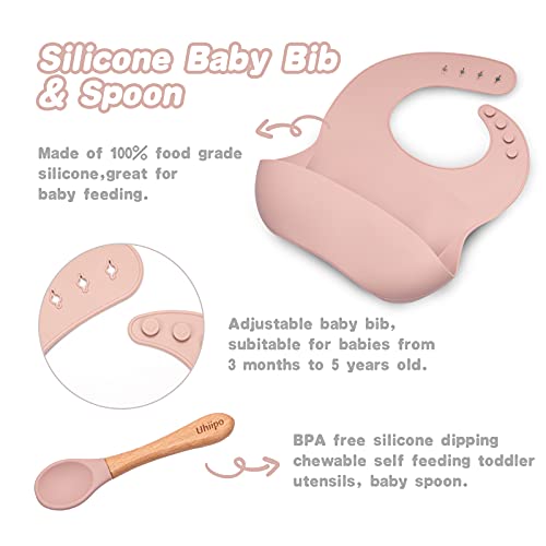 Baby Feeding Set, BPA free, Food Grade Silicone Dinner Plate and Cutlery Set, Learn To Eat on Your Own, Set Includes Suction Cup Bowl, Spoon, Bib and Cup (Pink) by hui zhou duo guan ke ji you xian gong si