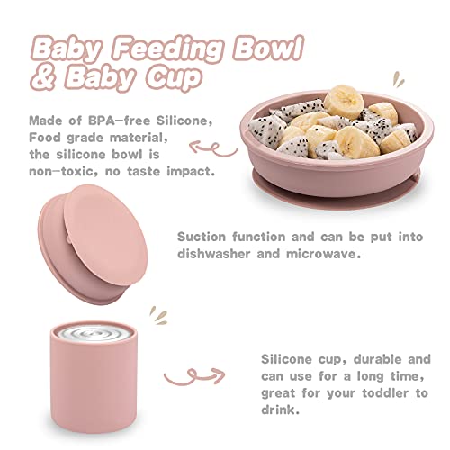 Baby Feeding Set, BPA free, Food Grade Silicone Dinner Plate and Cutlery Set, Learn To Eat on Your Own, Set Includes Suction Cup Bowl, Spoon, Bib and Cup (Pink) by hui zhou duo guan ke ji you xian gong si