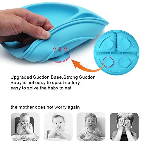 Baby Suction Plate with Self-Feeding Spoon Fork - BPA Free Infant Newborn Utensil Set for Self-Training, Suction Plates for Babies Toddlers, Dishwasher Microwave Safe (Blue) by Wellfine