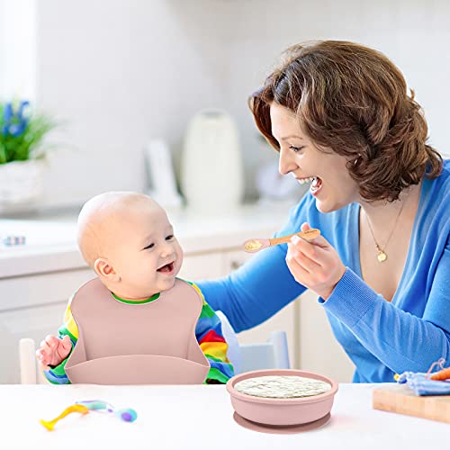 Baby Feeding Set, BPA free, Food Grade Silicone Dinner Plate and Cutlery Set, Learn To Eat on Your Own, Set Includes Suction Cup Bowl, Spoon, Bib and Cup (Pink) by hui zhou duo guan ke ji you xian gong si