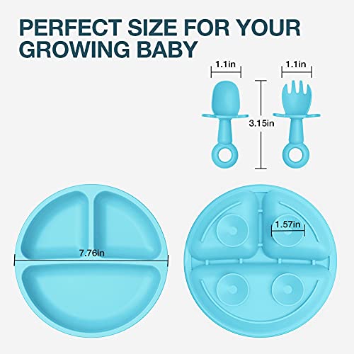 Baby Suction Plate with Self-Feeding Spoon Fork - BPA Free Infant Newborn Utensil Set for Self-Training, Suction Plates for Babies Toddlers, Dishwasher Microwave Safe (Blue) by Wellfine