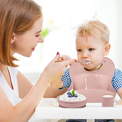 Baby Feeding Set, BPA free, Food Grade Silicone Dinner Plate and Cutlery Set, Learn To Eat on Your Own, Set Includes Suction Cup Bowl, Spoon, Bib and Cup (Pink) by hui zhou duo guan ke ji you xian gong si