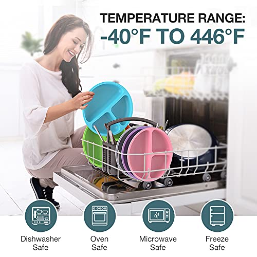 Baby Suction Plate with Self-Feeding Spoon Fork - BPA Free Infant Newborn Utensil Set for Self-Training, Suction Plates for Babies Toddlers, Dishwasher Microwave Safe (Blue) by Wellfine