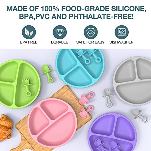 Baby Suction Plate with Self-Feeding Spoon Fork - BPA Free Infant Newborn Utensil Set for Self-Training, Suction Plates for Babies Toddlers, Dishwasher Microwave Safe (Blue) by Wellfine