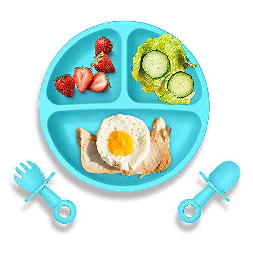 Baby Suction Plate with Self-Feeding Spoon Fork - BPA Free Infant Newborn Utensil Set for Self-Training, Suction Plates for Babies Toddlers, Dishwasher Microwave Safe (Blue) by Wellfine