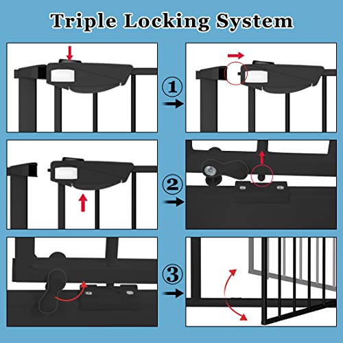 WAOWAO 36.22" Extra Tall Wide Pressure Mounted Baby Gate Triple Lock Walk Through Swing Auto Close Safety Black Metal Toddler Kids Child Dog Pet Puppy Cat for Indoor Stairs,Doorways 25.59"-81.49" inch by WAOWAO