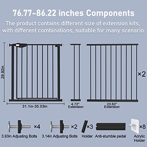 DEARBB Triple Lock Baby Gate for Stairs Doorways and House 31" to 86" Extra Wide Pressure Mounted Easy Walk Through Auto Close Safety Pet Gate Black 76.77-86.22" by DEARBB