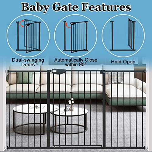 WAOWAO 36.22" Extra Tall Wide Pressure Mounted Baby Gate Triple Lock Walk Through Swing Auto Close Safety Black Metal Toddler Kids Child Dog Pet Puppy Cat for Indoor Stairs,Doorways 25.59"-81.49" inch by WAOWAO
