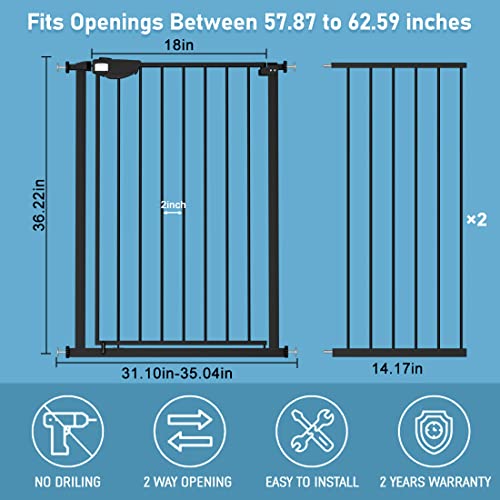 WAOWAO 36.22" Extra Tall Wide Pressure Mounted Baby Gate Triple Lock Walk Through Swing Auto Close Safety Black Metal Toddler Kids Child Dog Pet Puppy Cat for Indoor Stairs,Doorways 25.59"-81.49" inch by WAOWAO